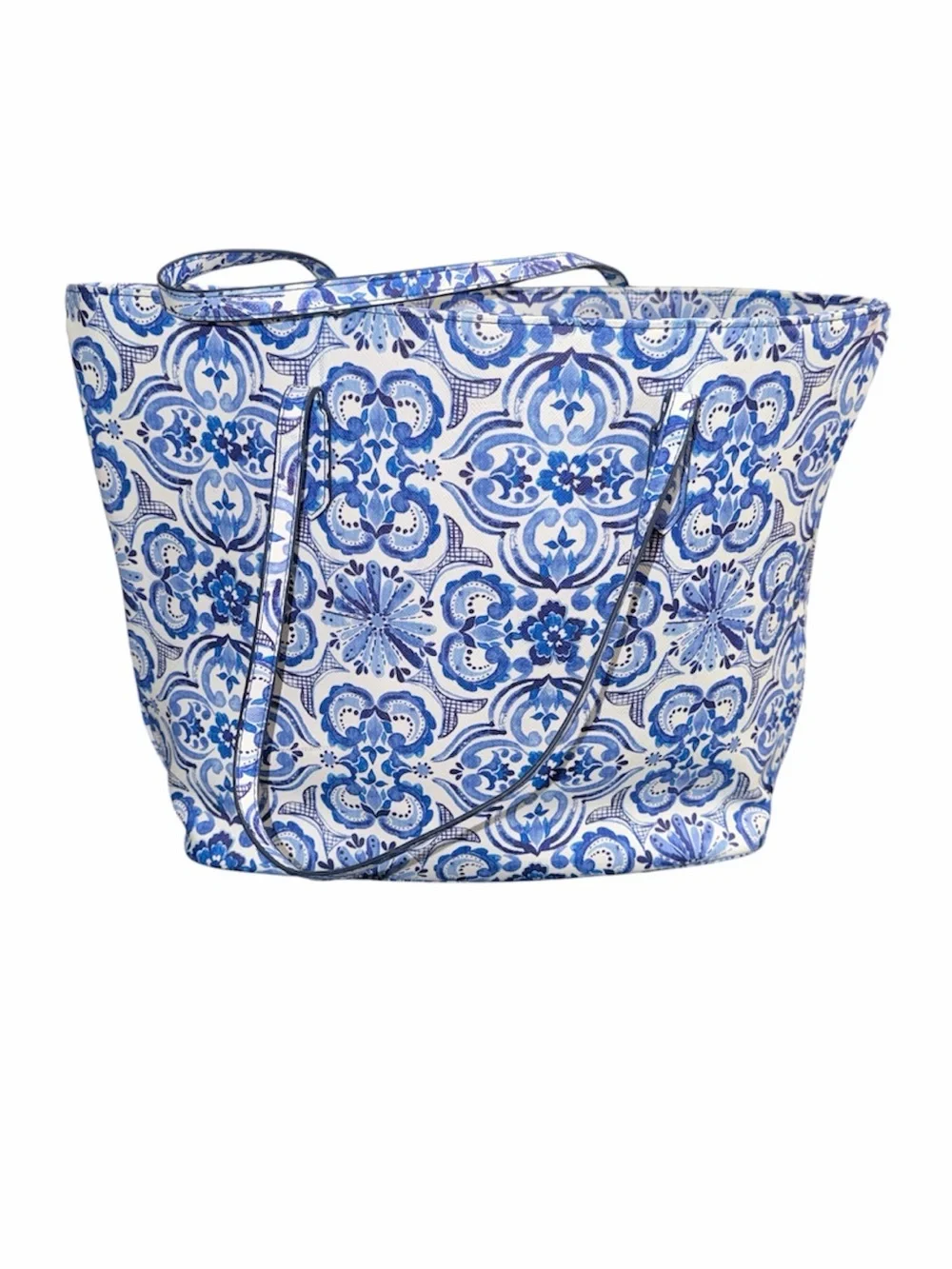 Chicos Blue And White Tile Printed Vinyl Tote Bag Coastal Beach Travel Resort